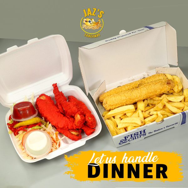 Red battered fish with salad and battered sausages with chips in takeaway containers from Jaz's Takeaway in Crossgates