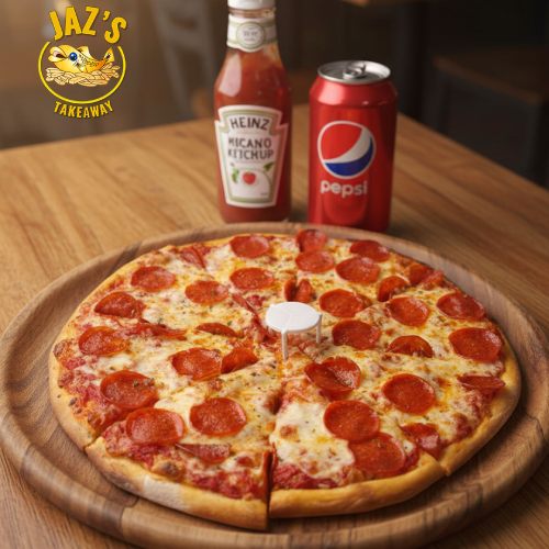 A whole pepperoni pizza served with a bottle of ketchup and a can of Pepsi from Jaz's Takeaway in Crossgates