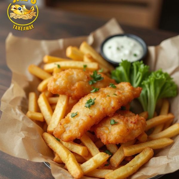 Battered fish and chips with a lemon wedge in a branded box served in Jaz's Takeaway in Crossgates
